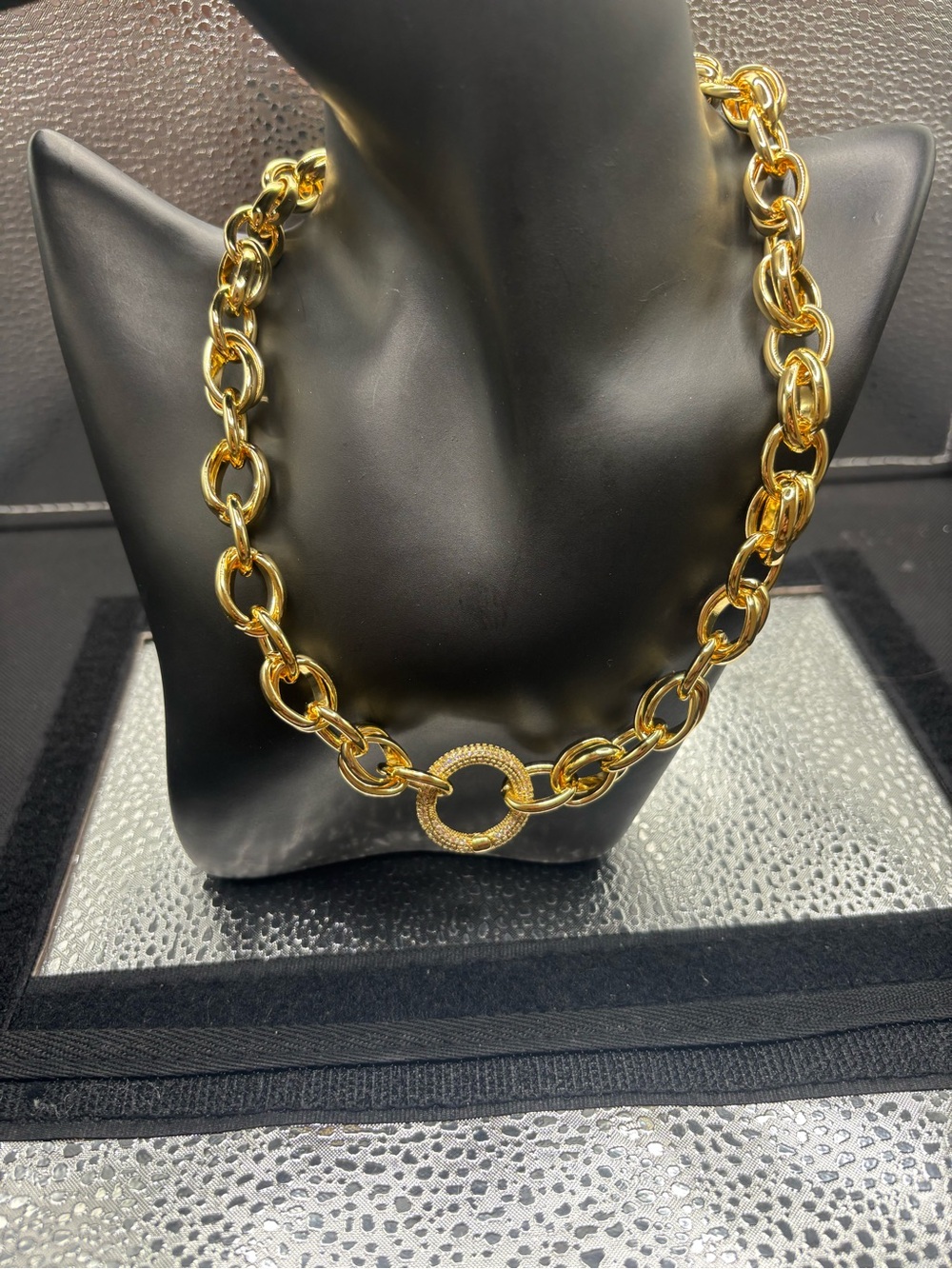 Statement Gold Link Necklace with Textured Ring Accent